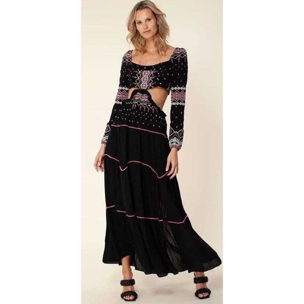 Hale Bob Natalie Cutout Maxi Dress Embroidered Tiered Black Pink Prairie Boho M